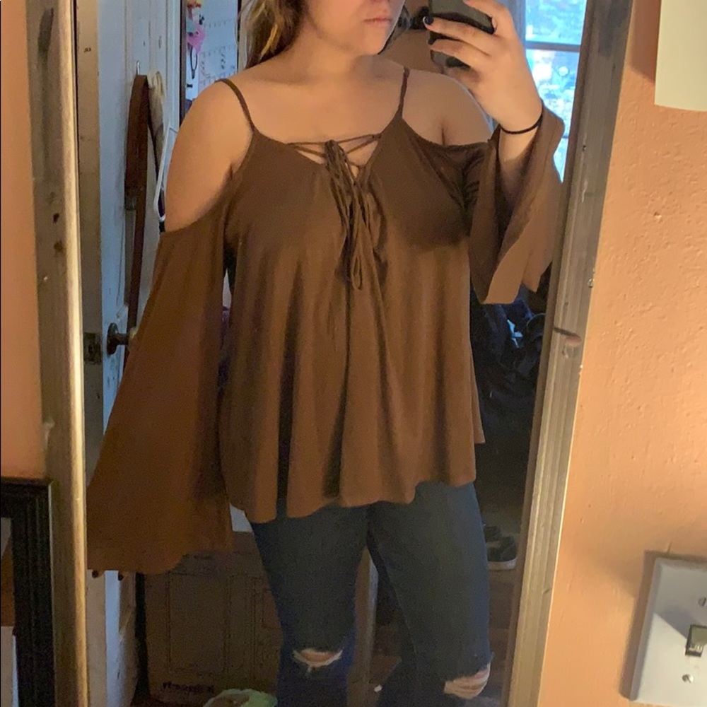 Open shoulder Brown Sexy Lace Up Top
